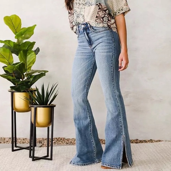 Willow & root the flared out high rise blue denim jeans side slits - Picture 11 of 14